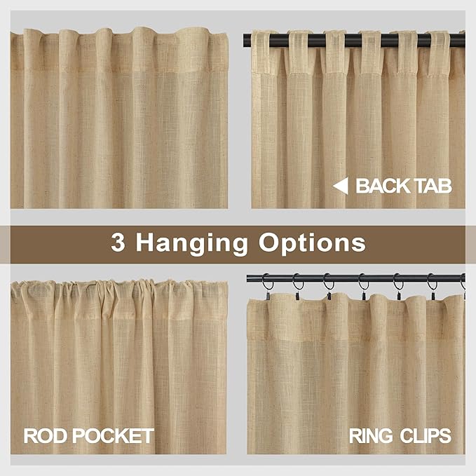 Burlap Color Curtains 63 Inch Length for Bedroom 2 Panel Back Tab Pocket Cotton Canvas Woven Textured Flax Linen Semi Sheer Lightweight Soft Taupe Brown Tan Curtain for Kitchen Cafe Cottage Core Decor