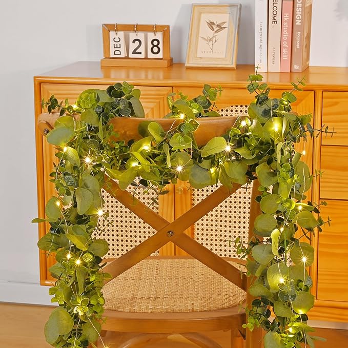 Dolicer 6 Packs 6FT Artificial Eucalyptus Garland with LED Light String, Faux Greenery Garland Hanging Fake Silver Dollar Eucalyptus Leaves Vines for Wedding Backdrop Arch Table Wall Party Home Decor