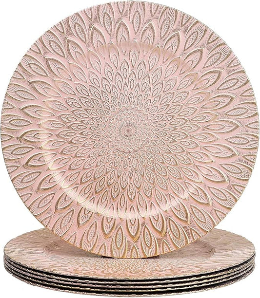 Pink Charger Plates, 13 Inch Set of 6 Plastic Peacock Chargers for Dinner Plates,Table Settings, Easter, Thanksgiving, Christmas Party, Family Gathering.