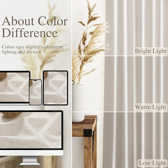 Nanspring Pearl White Linen Curtains 84 Inches Long for Living Room Light Filtering Semi Sheer Curtain Back Tab and Rod Pocket Coastal Decor Elegant Neutral Luxury Drapes for Bedroom 52x84, 2 Panels