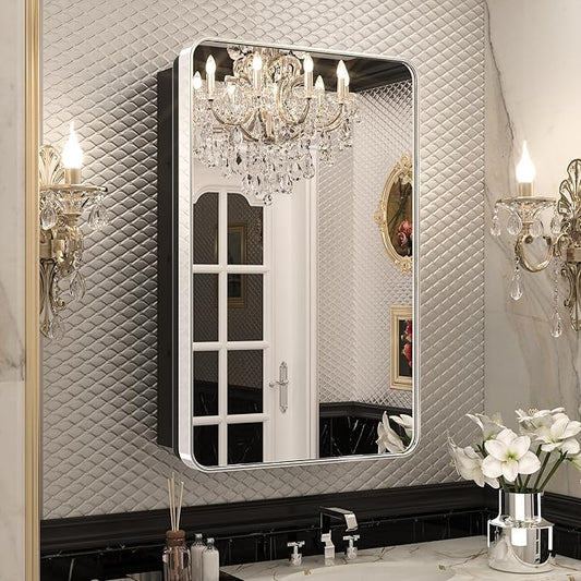 Keonjinn 20 x 32 Inch Chrome Medicine Cabinets for Bathroom with Mirror Adjustable Shelves Stainless Steel Framed Rounded Rectangle Single Door Surface Wall Mounted Silver Bathroom Storage Cabinet