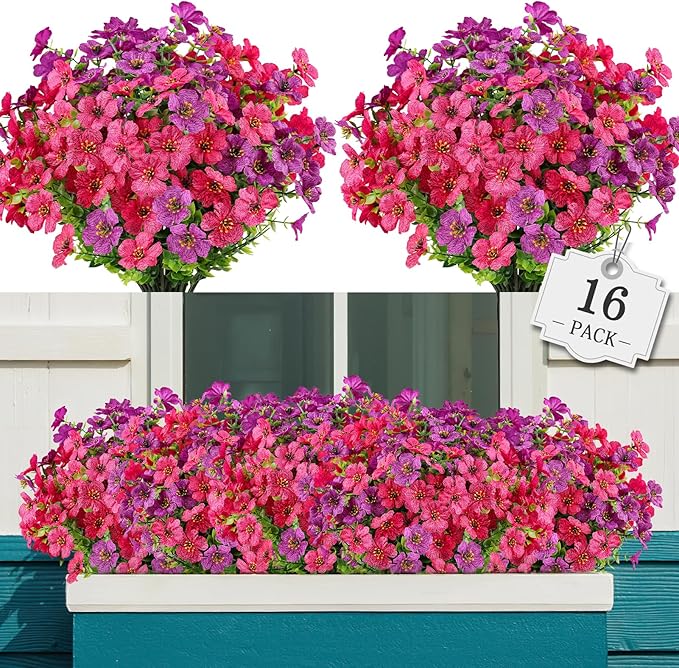 AGIRL 16 Bundles Artificial Flowers for Outdoor,No Fade Fake Plastic Flowers Faux Plants for Hanging Planters Decoration Indoor Outside Garden Porch Window Box Home Wedding