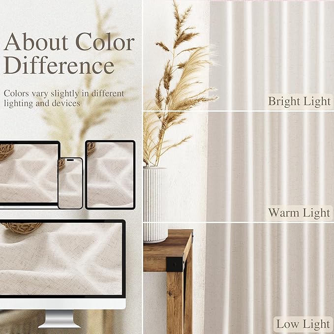 Nanspring Beige Linen Back Tab Curtains for Bedroom 64 Inch Length 2 Panels Set Neutral Modern Farmhouse Window Drapes Semi Sheer Light Filtering Rod Pocket Curtain for Living Room Home Decor W52xL64