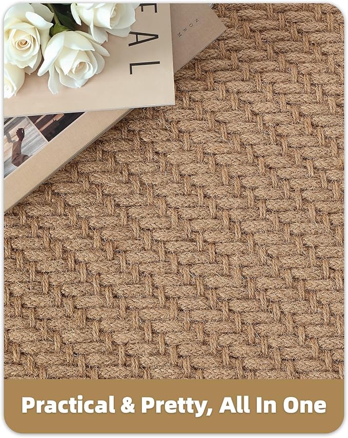 Color&Geometry 6x9 Jute Rug Indoor/Outdoor,Reversible Tan Handwoven Natural Fiber Herringbone Area Rug with Non-Woven Fabric Core, Easy Clean Relaxed Natural Decor for Patio, Deck, Living/Dining Room