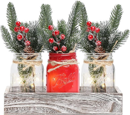 Christmas Mason Jar Centerpiece for Table with LED Lights & Artificial Plants, Set of 3 Decorative Red Mason Jars for Christmas Home Decor, Kitchen Dining Table Centerpiece