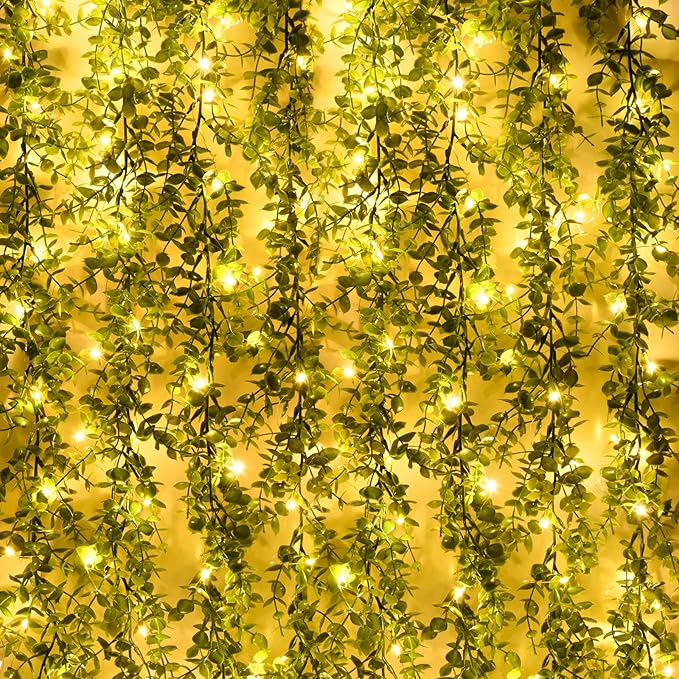 Dolicer 8 Packs Eucalyptus Garland with LED Lights String, 48FT Faux Eucalyptus Greenery Garland, Artificial Hanging Green Eucalyptus Leaves Vine Wedding Backdrop Arch Wall Table Decor (Grey Green)