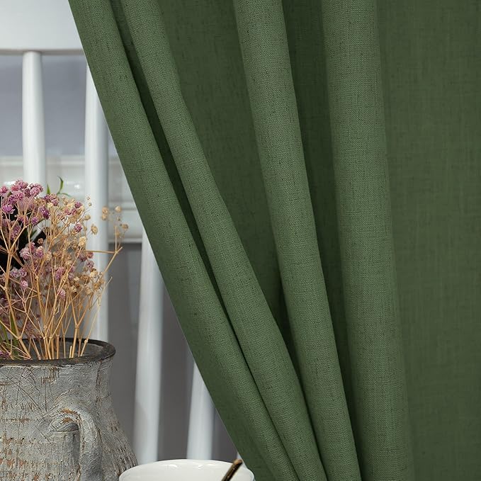 Olive Green Linen Curtains 84 Inch Length for Living Room 2 Panels Back Tab Pocket Moss Green Boho Drapes Light Filtering Sheer Cotton Neutral Aesthetic Army Green Boho Curtains for Bedroom 52x84 Long