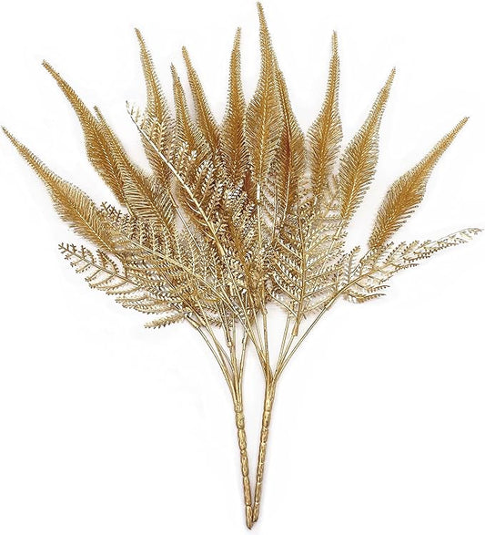 Artificial Golden Plants Decoration, Fake Plant Shrubs Plastic Grass Simulation Tail Leaves for Christmas Indoor Outdoor Hall Home Garden Planter Filler Party Verandah Wedding DIY Decor - Gold 2 Pack