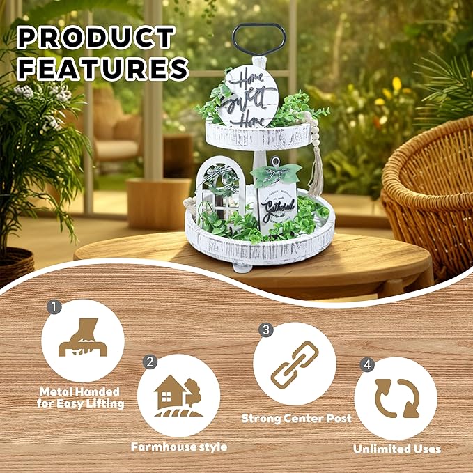 2-Tiered Round Wooden Tray Stand, Rustic Farmhouse Tiered Serving Tray for Home Decor Kitchen & Coffee Bar Centerpiece, Vintage White Wood 2-Tier Display Stand for Desserts, Cupcakes and More (White)