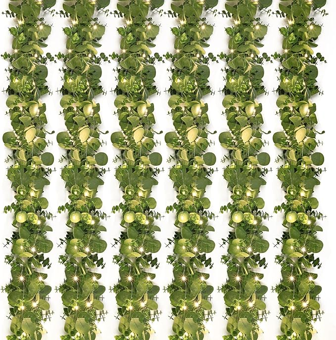 Dolicer 6 Packs 6FT Artificial Eucalyptus Garland with LED Light String, Faux Greenery Garland Hanging Fake Silver Dollar Eucalyptus Leaves Vines for Wedding Backdrop Arch Table Wall Party Home Decor