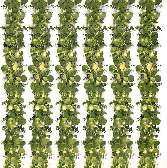 Dolicer 6 Packs 6FT Artificial Eucalyptus Garland with LED Light String, Faux Greenery Garland Hanging Fake Silver Dollar Eucalyptus Leaves Vines for Wedding Backdrop Arch Table Wall Party Home Decor
