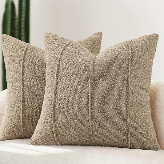 YCOLL Textured Boucle Throw Pillow Covers 20x20 Pack of 2 - Soft Neutral Striped Cushion Covers, Cozy Accent Decorative Pillow Covers for Couch, Sofa, Bed, Living Room (Taupe)