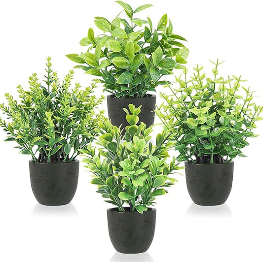 Der Rose 4 Pack Mini Artificial Plants Indoor in Pots Mixed Fake Plants Greenery Set for Black Bathroom Decor Shelf Counter Styling Office Desk Farmhouse Room Decor