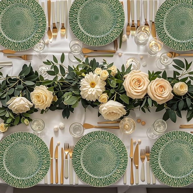 Green Charger Plates, 13 Inch Set of 6 Plastic Peacock Chargers for Dinner Plates,Table Settings, Easter, Thanksgiving, Christmas Party, Family Gathering.