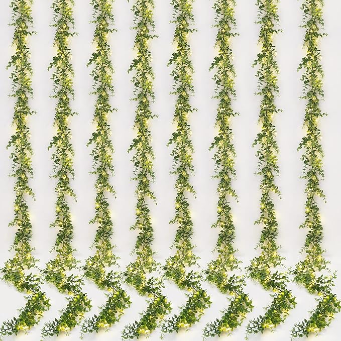 Dolicer 8 Packs Eucalyptus Garland with LED Lights String, 48FT Faux Eucalyptus Greenery Garland, Artificial Hanging Green Eucalyptus Leaves Vine Wedding Backdrop Arch Wall Table Decor (Grey Green)