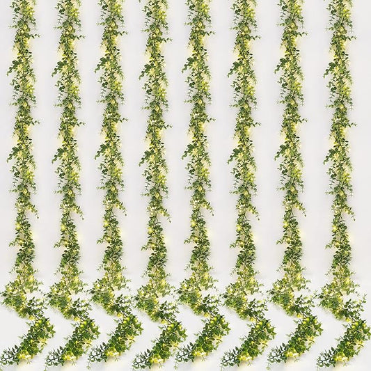 Dolicer 8 Packs Eucalyptus Garland with LED Lights String, 48FT Faux Eucalyptus Greenery Garland, Artificial Hanging Green Eucalyptus Leaves Vine Wedding Backdrop Arch Wall Table Decor (Grey Green)