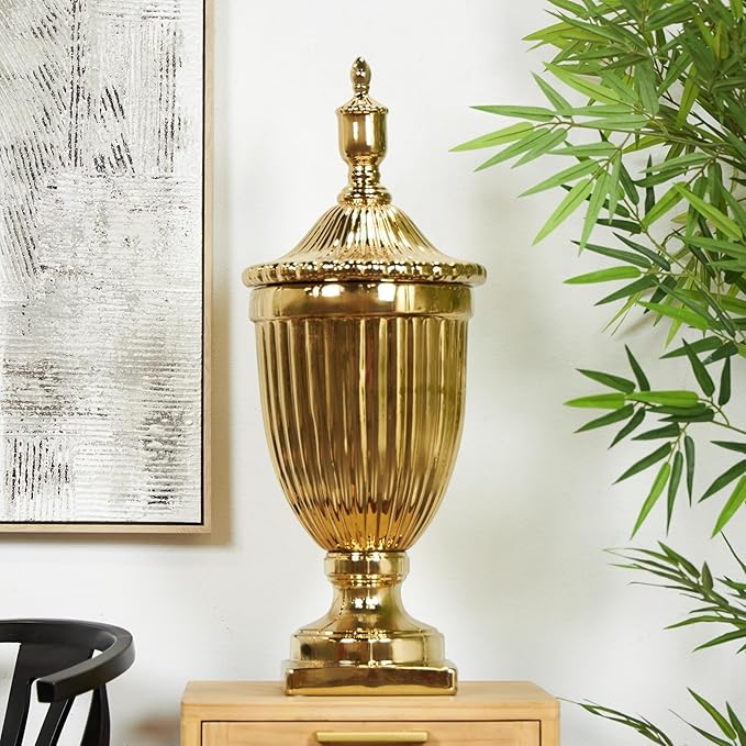 Deco 79 Ceramic Living Room Decorative Jars Tall Decorative Container with Grooves, Jar with Lid 12" x 12" x 32", Gold