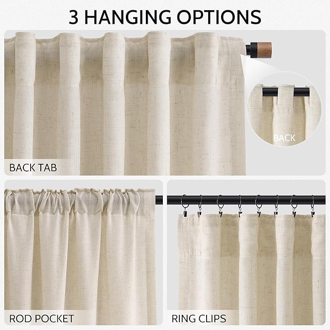 Nanspring Linen Curtains 84 Inch Length 2 Panels Set for Living Room Farmhouse Decor Light Filtering Semi Sheer Curtain Back Tab and Rod Pocket Neutral Luxury Rustic Coastal Drapes for Bedroom 52x84