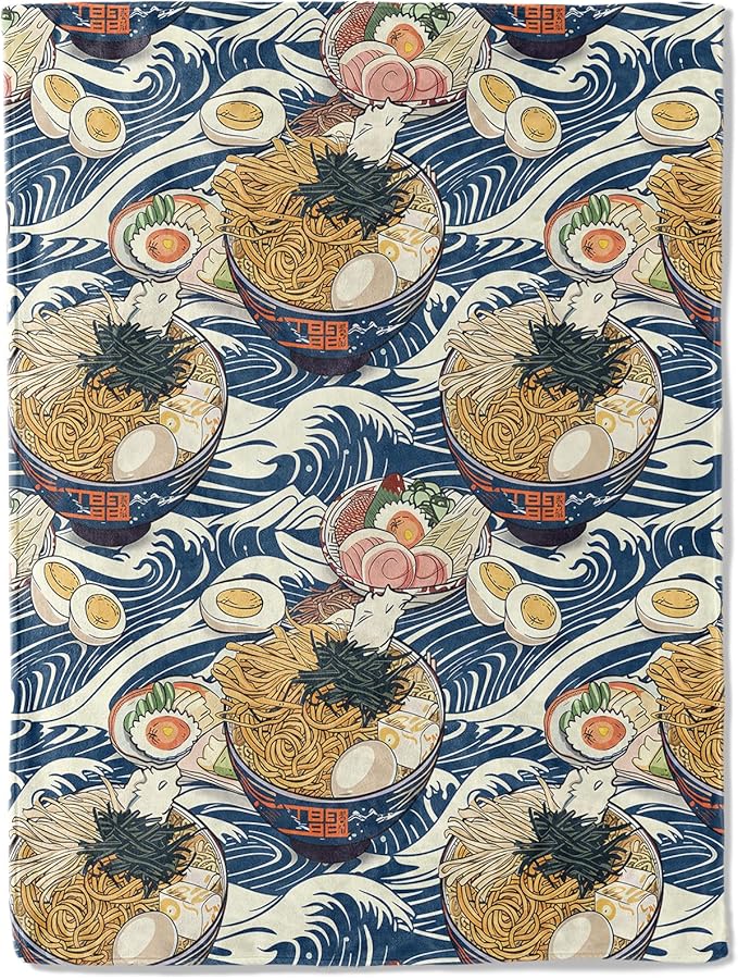 Ramen Throw Blanket 40x50 in, Delicious Noodle Blue Waves Pattern Blankets for Couch Bedroom Living Room Indoor Decor, Lightweight Soft Cozy Bedding Birthday Gift for Kids Boys Adults