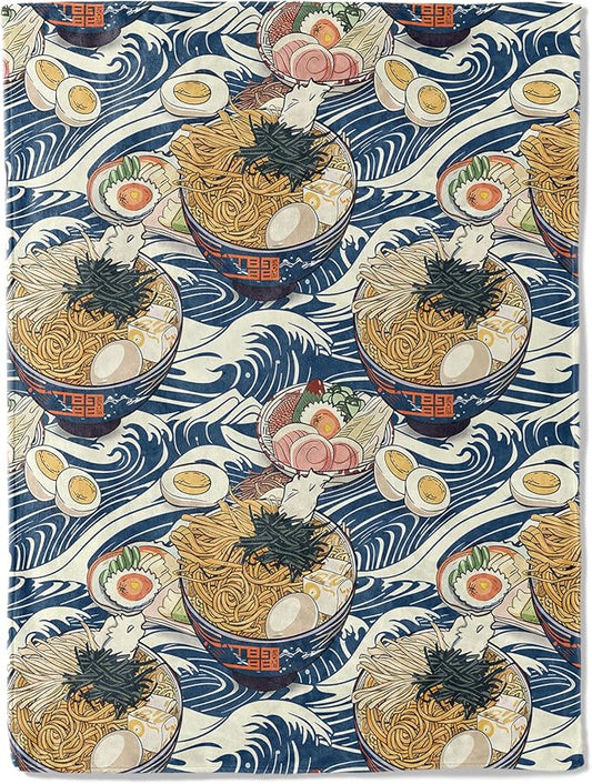 Ramen Throw Blanket 40x50 in, Delicious Noodle Blue Waves Pattern Blankets for Couch Bedroom Living Room Indoor Decor, Lightweight Soft Cozy Bedding Birthday Gift for Kids Boys Adults