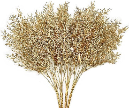 PASYOU Golden Fake Plants, Artificial Flowers Decoration for Christmas Antlers Grass Plastic Faux DIY Crafts Indoor Outdoor Home Garden Party Room Bedroom Wedding Table Centerpiece Decor, Gold 4 Pack