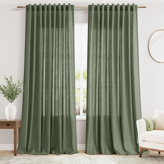 Nanspring Olive Green Linen Blend Semi Sheer Curtains 108 Inches Long by 70 Inches Wide, 2 Panel Set Back Tab Privacy Filtered and Breathable Extended Curtain for Bedroom Living Room 70x108