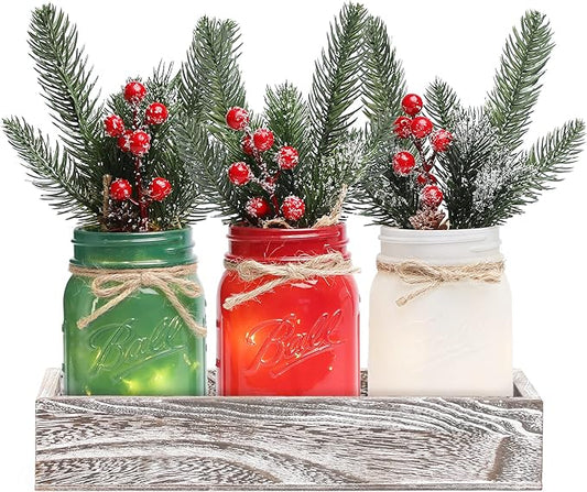 Christmas Mason Jars, Christmas Centerpiece for Table, Set of 3 Colorful Mason Jars with Lights & Artificial Plants, Kitchen Xmas Dining Table Decoration, Winter Home Decor