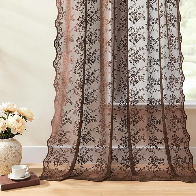 YJ YANJUN Brown Curtains 2 Panels, Country Cottage Core Lace Curtains, Earthy Floral Embroidered Texture,Privacy Sheer Panels for Home Office Living Room, Rustic Farmhouse Neutral Decor W52 X L72