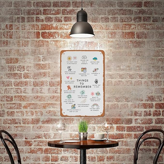 Things To Remember Metal Sign Poster 12x8 Inch Wall Decor Minimalist Boho Affirmations Therapy Office School Counselor Counseling Center Mental Health CBT DBT Anxiety Relief Gifts