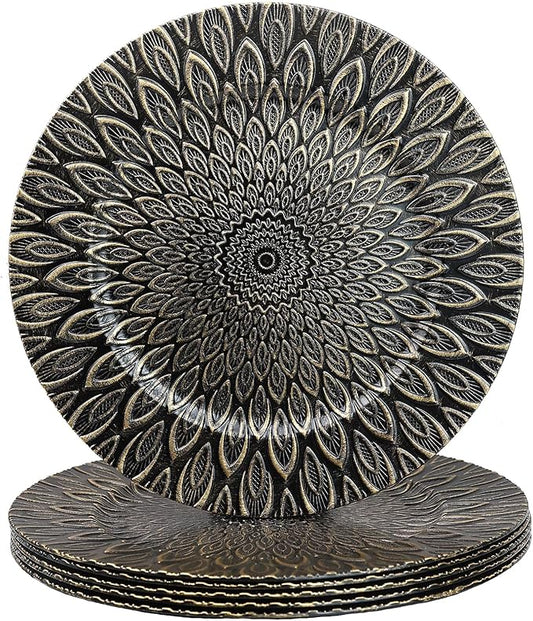 Black Charger Plates, 13 Inch Set of 6 Plastic Peacock Chargers for Dinner Plates,Table Settings, Easter, Thanksgiving, Christmas Party, Family Gathering.