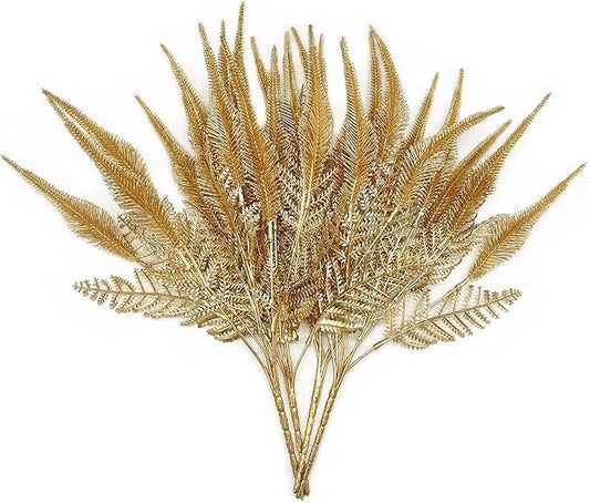 PASYOU Artificial Plants for Christmas Decor, Plastic Grass Fake Shrubs Simulation Tail Leaves Indoor Outdoor Home Garden Planter Filler Party Hotel Verandah Wedding Faux DIY Decoration - Gold 4 Pack