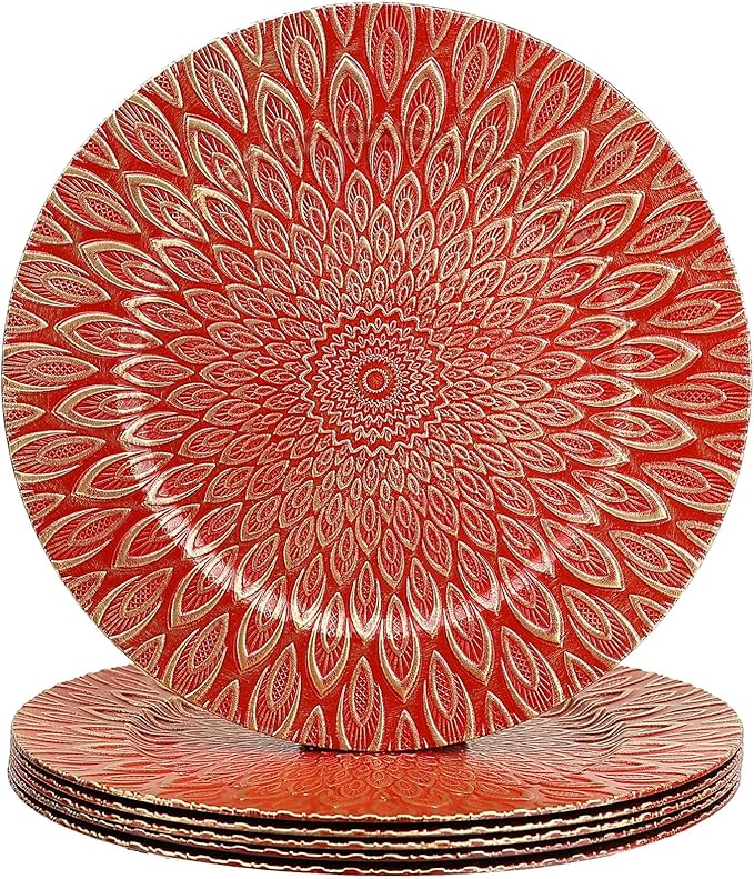 Red Charger Plates, 13 Inch Set of 6 Plastic Peacock Chargers for Dinner Plates,Table Settings, Easter, Thanksgiving, Christmas Party, Family Gathering.