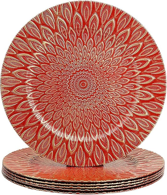 Red Charger Plates, 13 Inch Set of 6 Plastic Peacock Chargers for Dinner Plates,Table Settings, Easter, Thanksgiving, Christmas Party, Family Gathering.