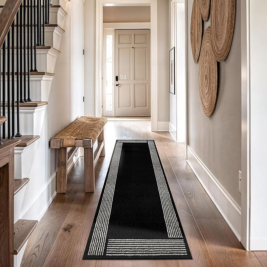 Rugshop Modern Minimal Bordered Indoor Runner Rug for Hallway,Entryway,Kitchen Rug Low Pile Rug with Jute Backing 2' 3" x 8' Black