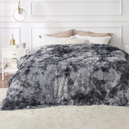 Bedsure GentleSoft Fluffy Sherpa Fleece Faux Fur Blankets Queen Size for Bed, Bedroom Decor Winter Bedding Thick Warm Full Queen Blankets, Fuzzy Plush Soft Heavy Mink Cozy Gifts, Tie Dye Grey, 90x90