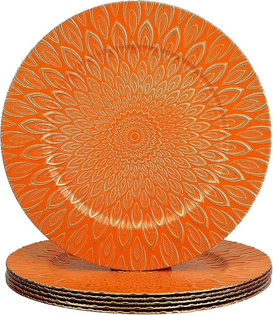 Orange Charger Plates, 13 Inch Set of 6 Plastic Peacock Chargers for Dinner Plates,Table Settings, Easter, Thanksgiving, Christmas Party, Family Gathering.