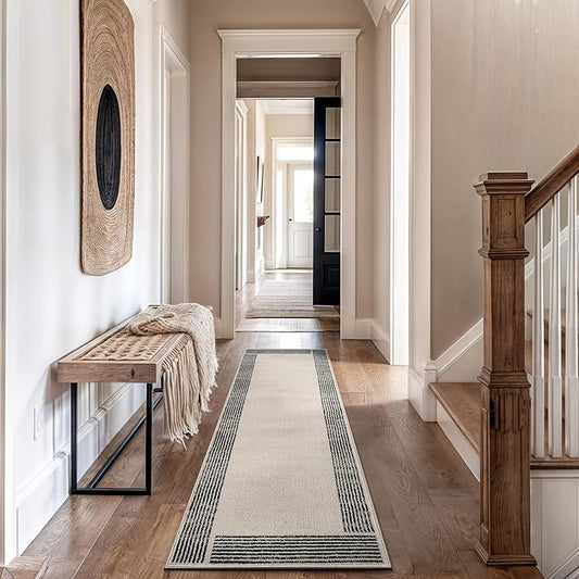 Rugshop Modern Minimal Bordered Indoor Runner Rug for Hallway,Entryway,Kitchen Rug Low Pile Rug with Jute Backing 2' 3" x 12' Cream