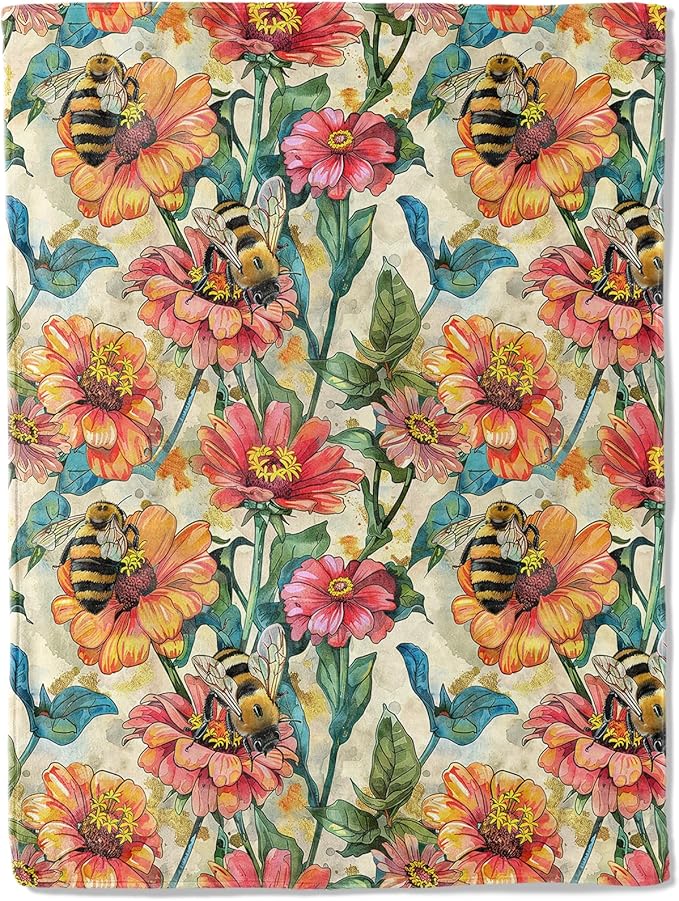 Bee Blooms Throw Blanket 40x50 in, Vibrant Bees and Flowers Pattern Blankets for Couch Bedroom Living Room Indoor Decor, Lightweight Soft Cozy Bedding Birthday Gift for Kids Boys Adults