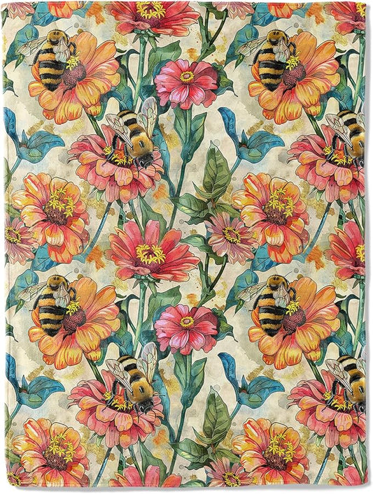 Bee Blooms Throw Blanket 40x50 in, Vibrant Bees and Flowers Pattern Blankets for Couch Bedroom Living Room Indoor Decor, Lightweight Soft Cozy Bedding Birthday Gift for Kids Boys Adults