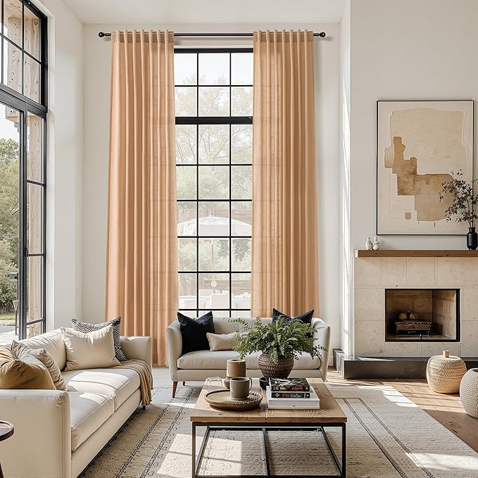 Nanspring Camel Linen Curtains for Living Room 95 Inches Long Back Tab and Rod Pocket Light Filtering Semi Sheer Vintage Rustic Curtain Luxury Boho Decor Drapes for Bedroom Office 52x95, 2 Panels