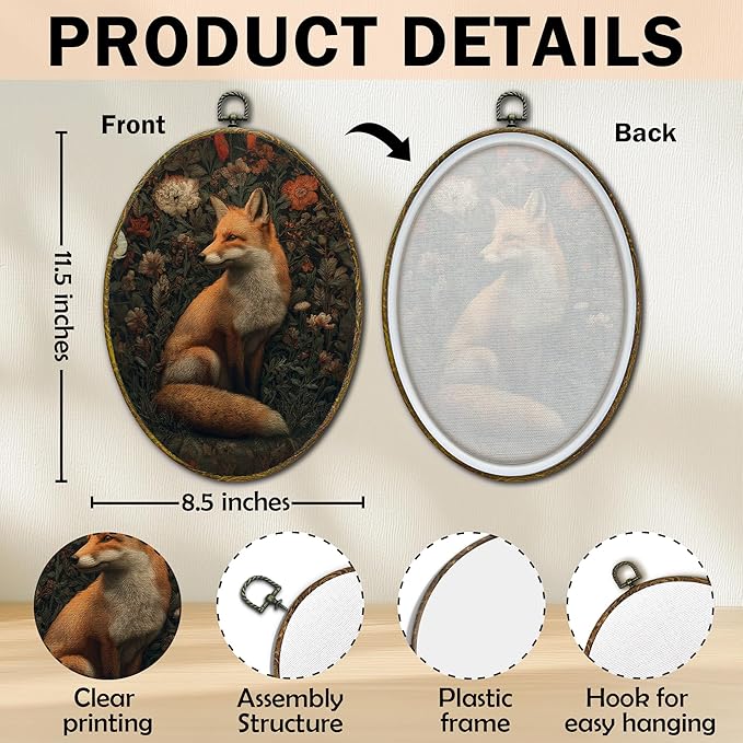 XFCICRLJ Vintage Moody Fox Wall Art Decor, Dark Cottagecore Botanical Fox Oval Canvas Prints Framed, Dark Academia Forest Fox Wall Art Decorations for Home Bedroom Living Room Decor, 11x8.5 Inch