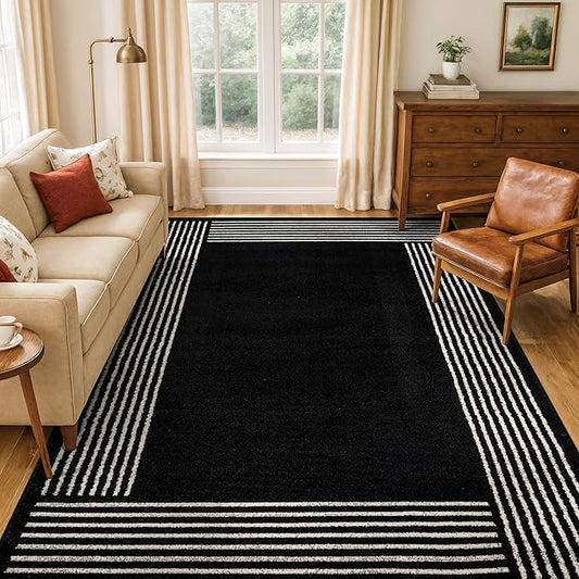 Rugshop Modern Minimal Bordered Indoor Area Rug for Living Room,Bedroom,Kitchen Rug Low Pile Rug with Jute Backing 5' x 7' Black