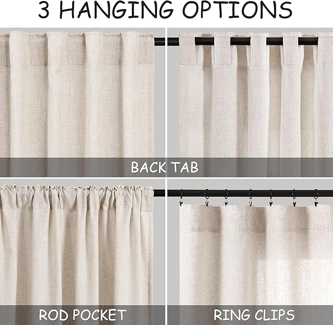 Nanspring Beige Linen Back Tab Curtains for Bedroom 64 Inch Length 2 Panels Set Neutral Modern Farmhouse Window Drapes Semi Sheer Light Filtering Rod Pocket Curtain for Living Room Home Decor W52xL64
