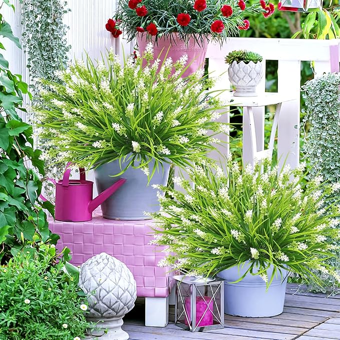 36 Bundles Artificial Plants Outdoor, 18.2" UV Resistant Faux Monkey Grass Greenery Stems No Fade Faux Plastic Flowers Shrubs for Home Weddings Garden Porch Front Patio Office Decor- White