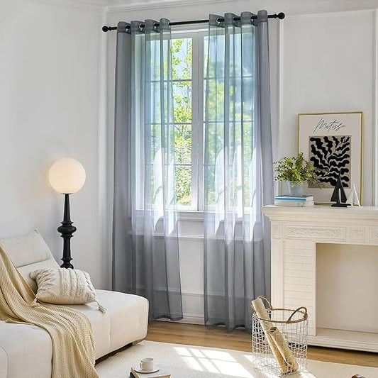 Foil Stripe Grey Sheer Curtains 96 inches Length 2 Panels with Grommets 52 inches Widith, Semi Transparant Curtains for Living Room and Other Rooms