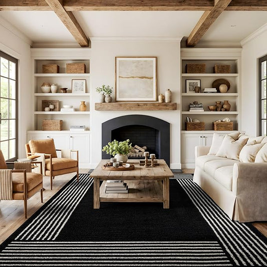 Rugshop Modern Minimal Bordered Indoor Area Rug for Living Room,Bedroom,Kitchen Rug Low Pile Rug with Jute Backing 7' 10" x 10' Black