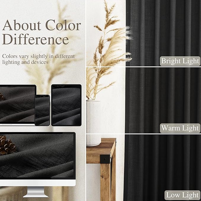 Nanspring Black Boho Curtains for Bedroom Back Tab Rod Pocket Semi Sheer Linen Curtains 90 Inches Long 2 Panel Set Light Filtering Neutral Farmhouse Lightweight Drapes for Living Room 40x90 Inches