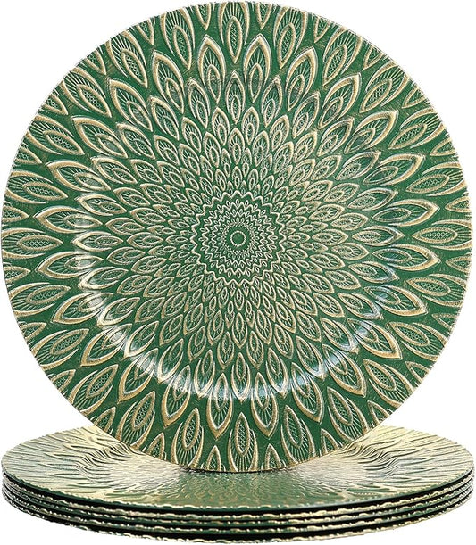 Green Charger Plates, 13 Inch Set of 6 Plastic Peacock Chargers for Dinner Plates,Table Settings, Easter, Thanksgiving, Christmas Party, Family Gathering.