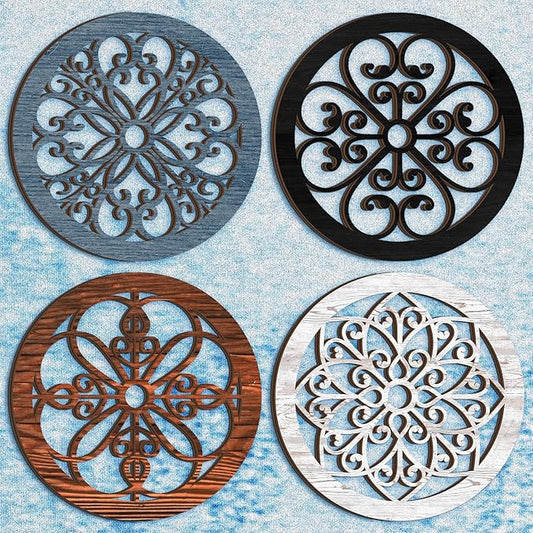 Yulejo 4 Pcs Thicken Rustic Wall Decor Farmhouse Kitchen Wall Round Art Wooden Hollow Carved Design Rustic Art for Living Room Bedroom Hallway Decor (15.7 x 15.7 Inch,Assorted Color)
