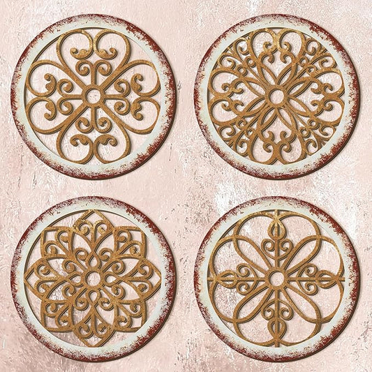 Yulejo 4 Pcs Thicken Rustic Wall Decor Farmhouse Kitchen Wall Round Art Wooden Hollow Carved Design Rustic Art for Living Room Bedroom Hallway Decor (9.8 x 9.8 Inch,Light Brown)